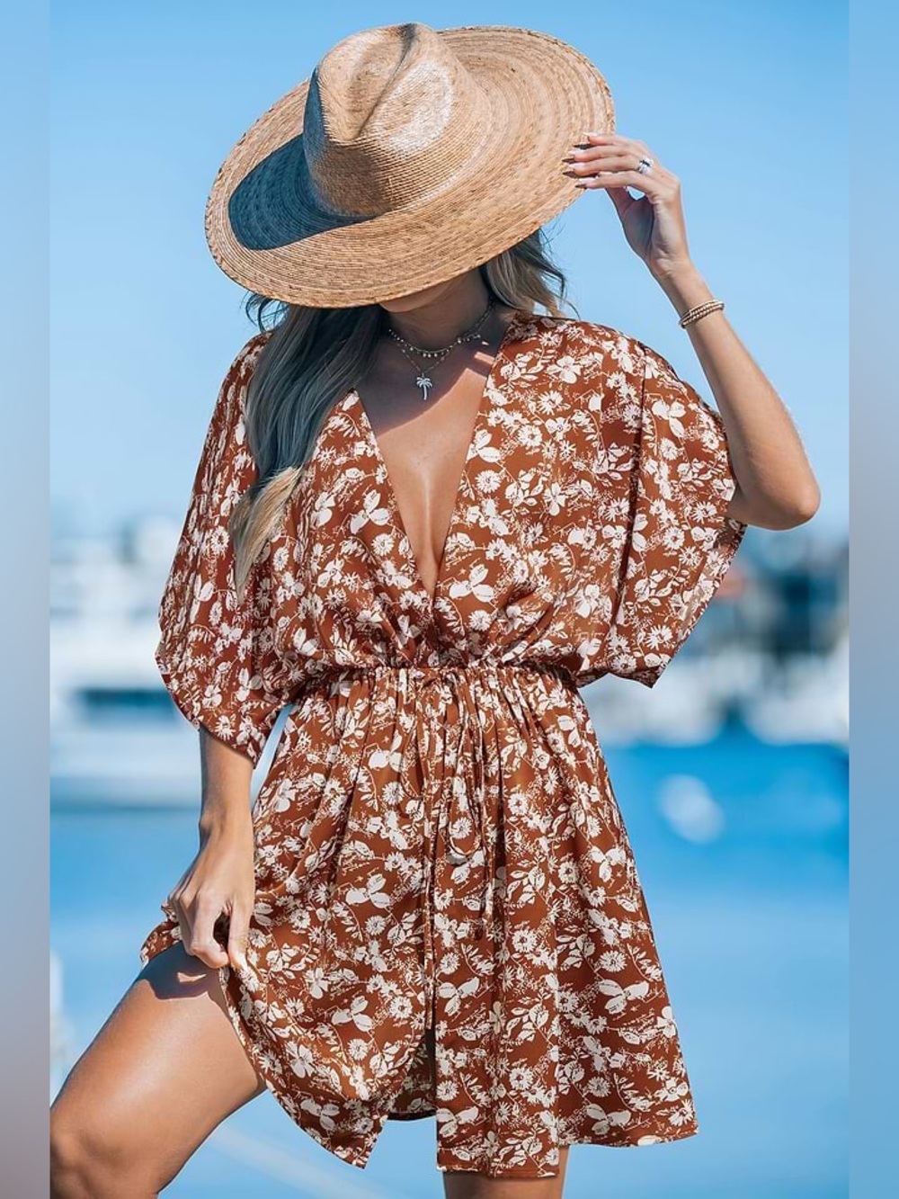 Brown Floral Plunging Dolman Sleeve Cover-Up